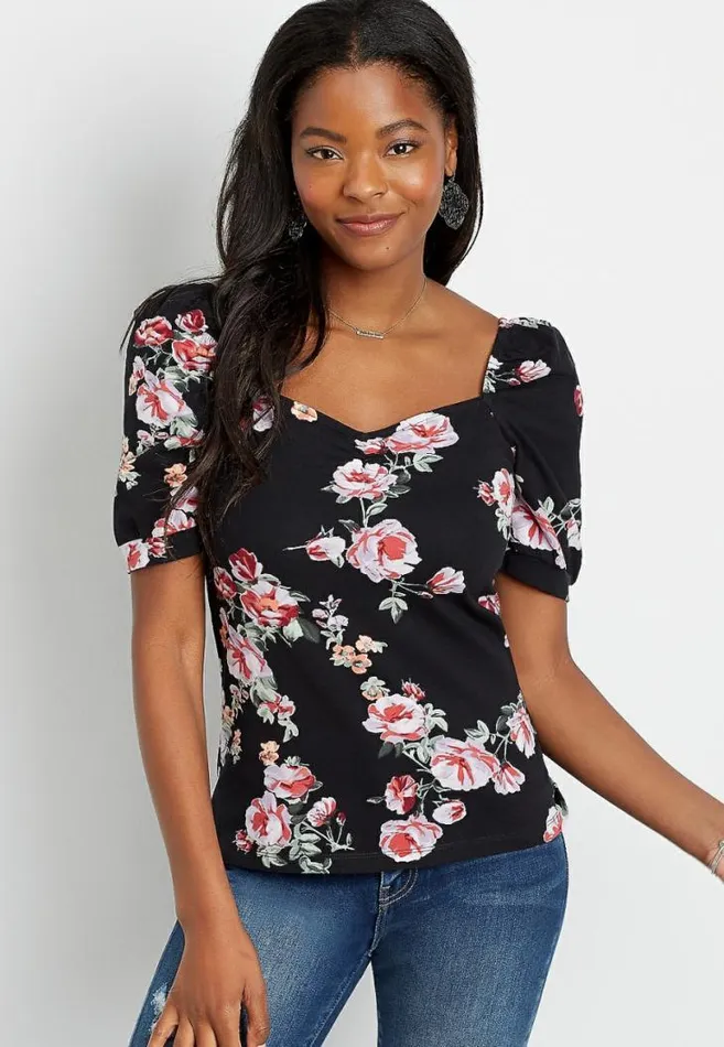 Women 247 Black Floral Ruched Sweetheart Puff Sleeve Top Maurices Tops