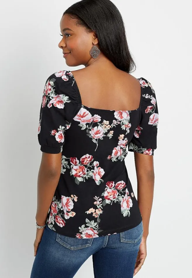 Women 247 Black Floral Ruched Sweetheart Puff Sleeve Top Maurices Tops