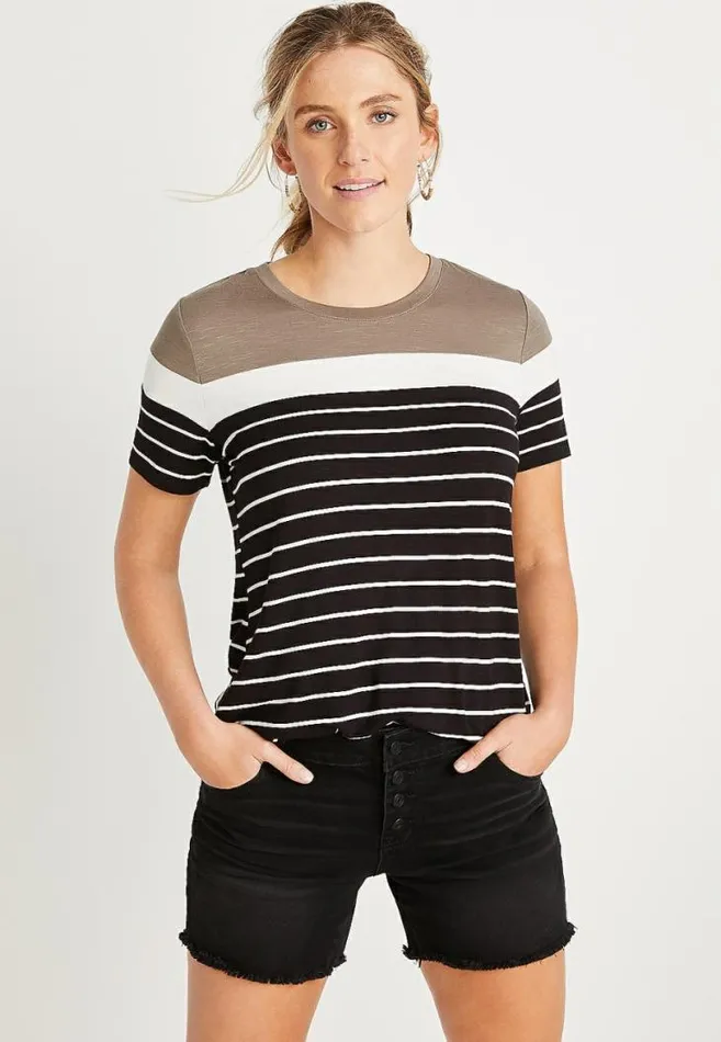 Women 247 Black Striped Colorblock Baseball Tee Maurices Tops