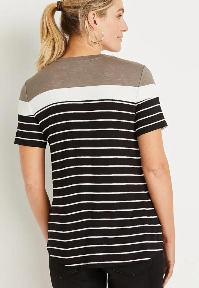 Women 247 Black Striped Colorblock Baseball Tee Maurices Tops