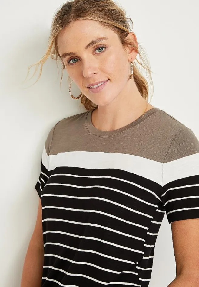 Women 247 Black Striped Colorblock Baseball Tee Maurices Tops