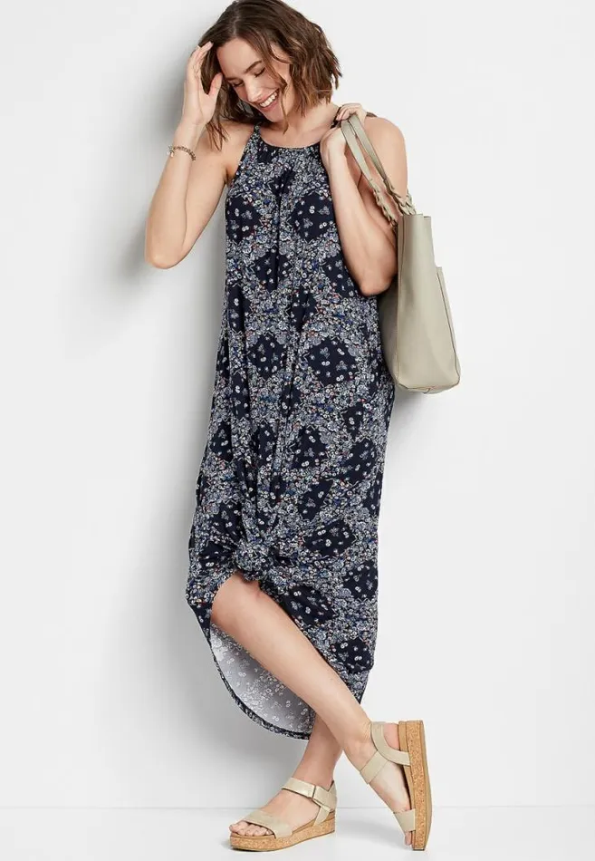 Women 247 Blue Printed Halter Neck Maxi Dress Maurices Dresses and Jumpsuits