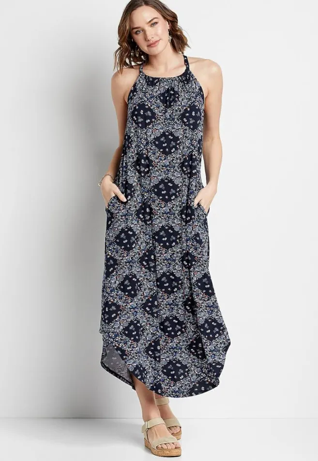 Women 247 Blue Printed Halter Neck Maxi Dress Maurices Dresses and Jumpsuits