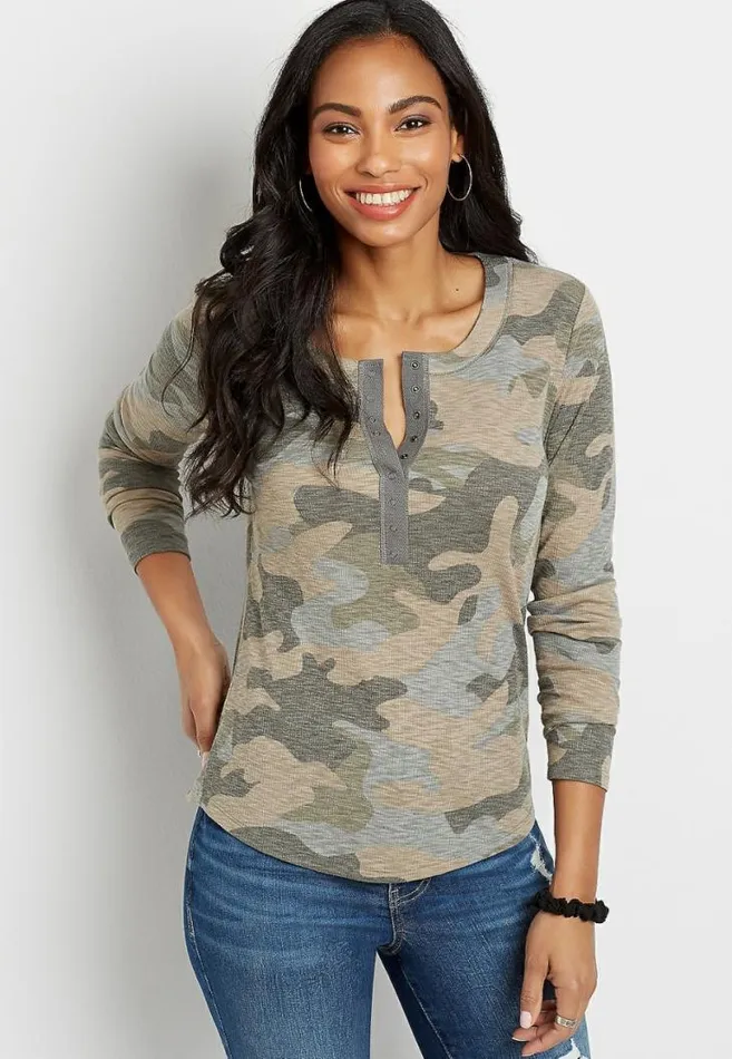 Women 247 Camo Fitted Henley Long Sleeve Tee Maurices Tops