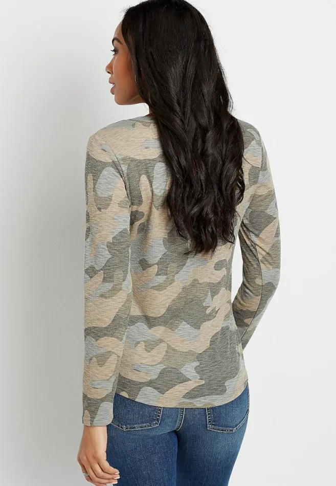 Women 247 Camo Fitted Henley Long Sleeve Tee Maurices Tops
