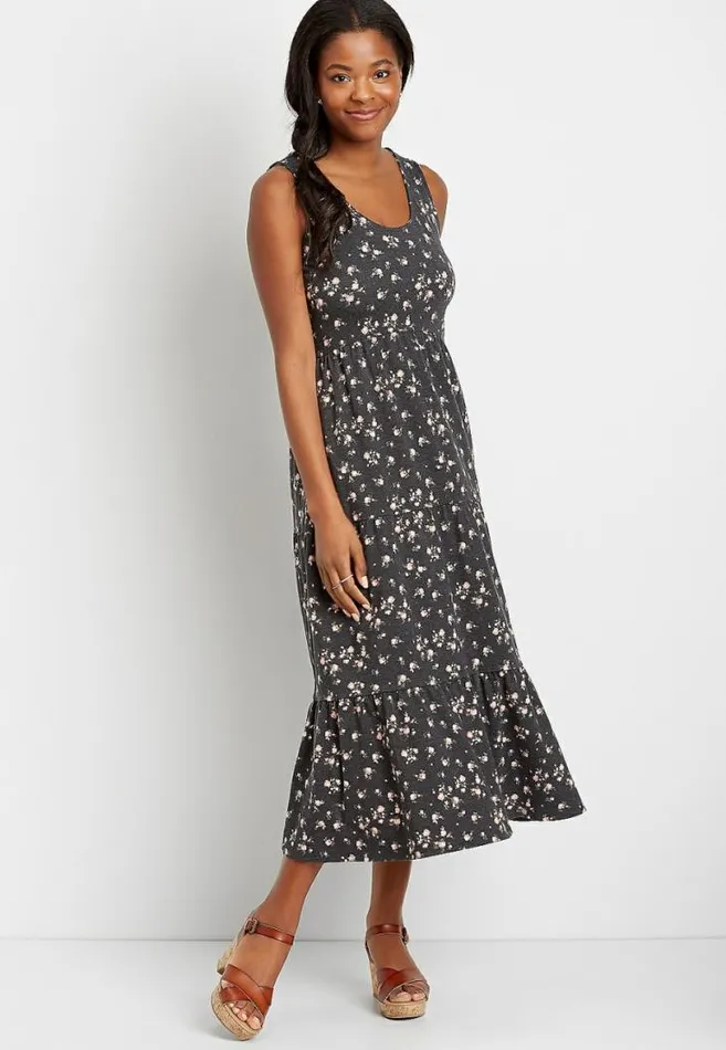 Women 247 Dark Gray Floral Tiered Maxi Dress Maurices Dresses and Jumpsuits