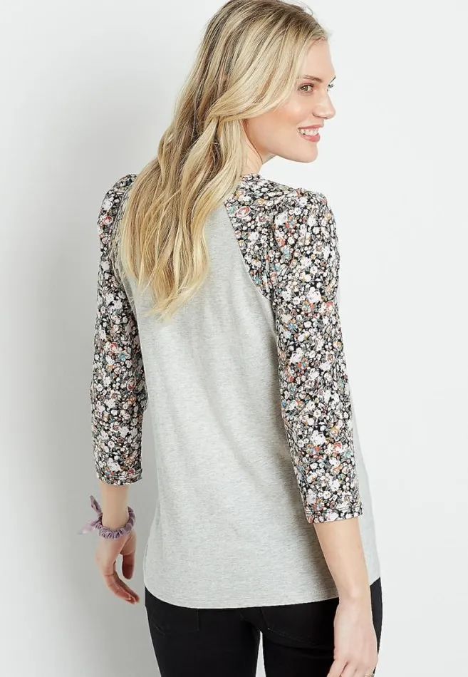 Women 247 Gray Floral Puff Sleeve Baseball Tee Maurices Tops