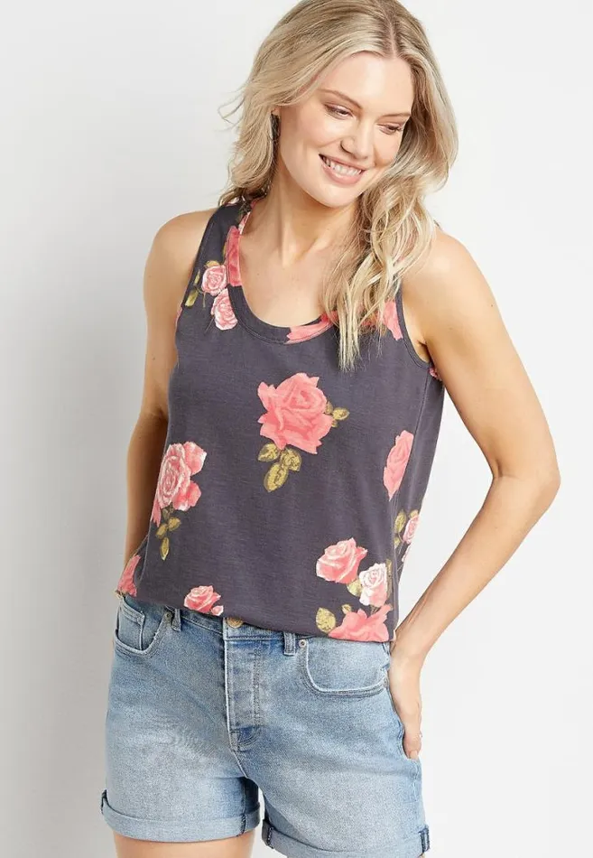 Women 247 Gray Floral Scoop Neck Classic Tank Top Maurices Tops