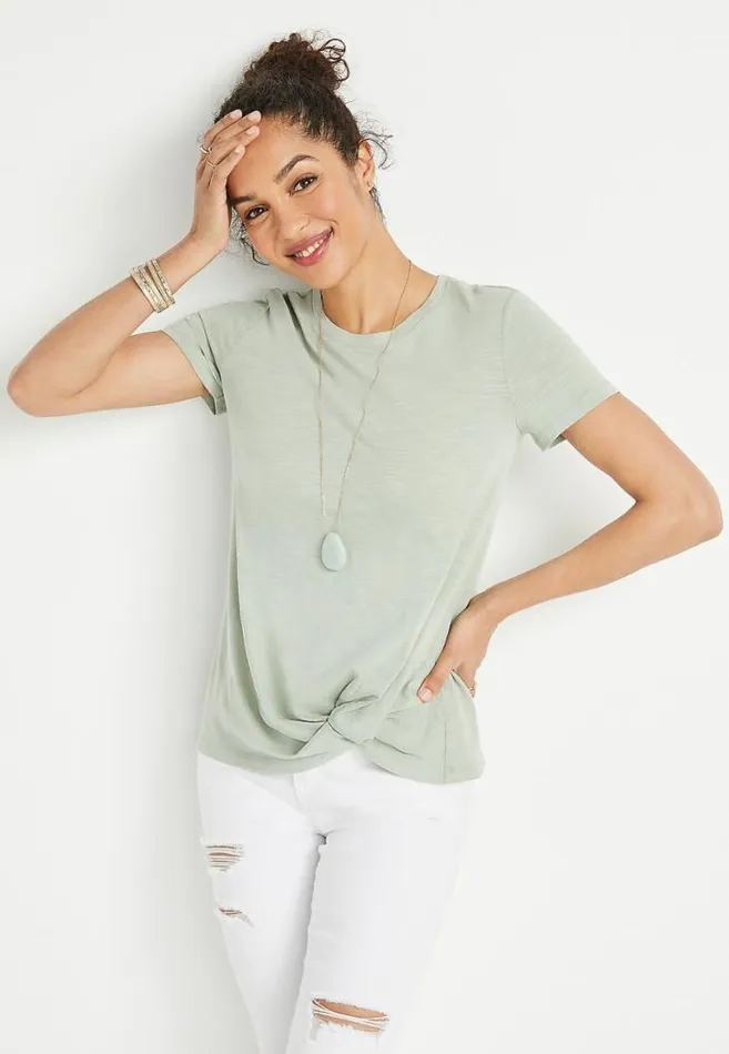 Women 247 Light Green Front Knot Short Sleeve Top Maurices Tops