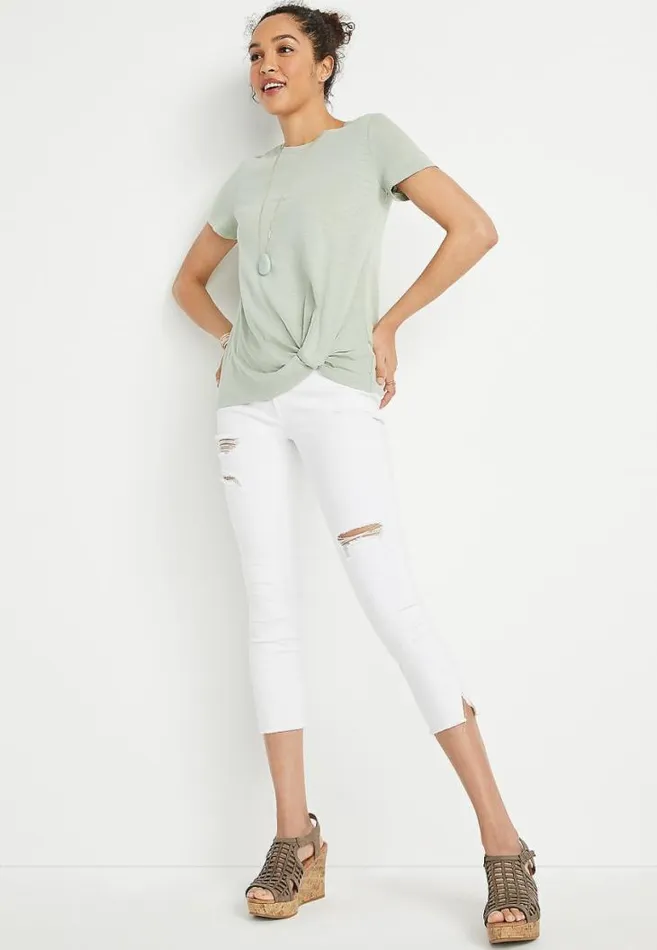 Women 247 Light Green Front Knot Short Sleeve Top Maurices Tops