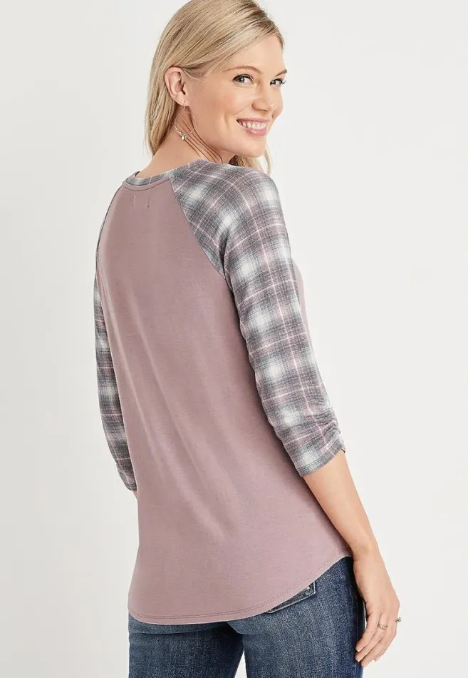 Women 247 Plaid Ruched Sleeve Baseball Tee Maurices Tops