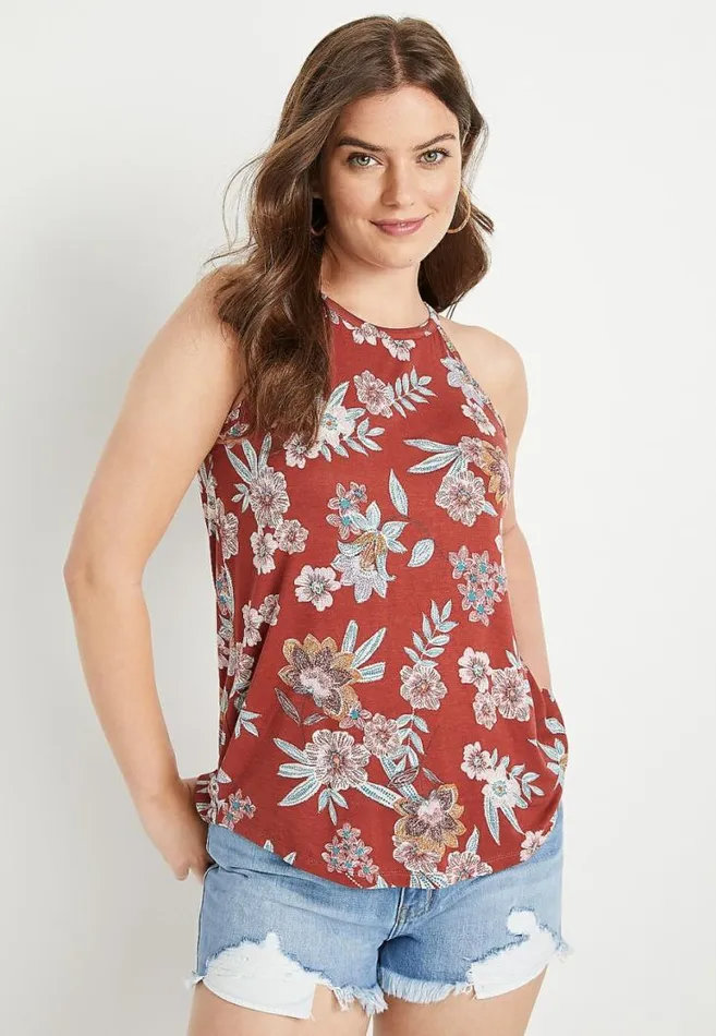 Women 247 Red Floral High Neck Tank Top Maurices Tops