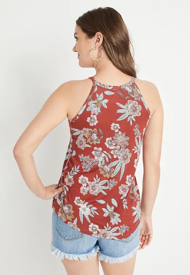 Women 247 Red Floral High Neck Tank Top Maurices Tops