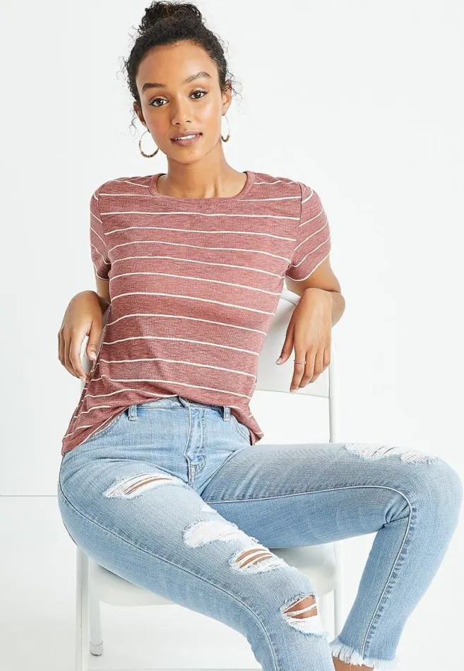 Women 247 Red Striped Rib Knit Tuck In Tee Maurices Tops