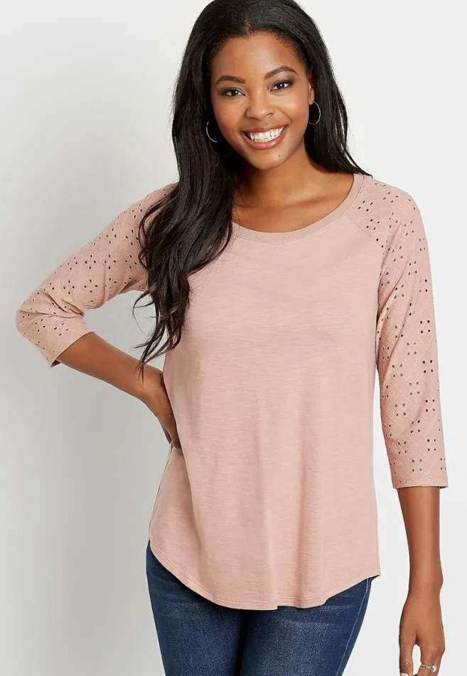 Women 247 Solid Eyelet Baseball Tee Maurices Tops