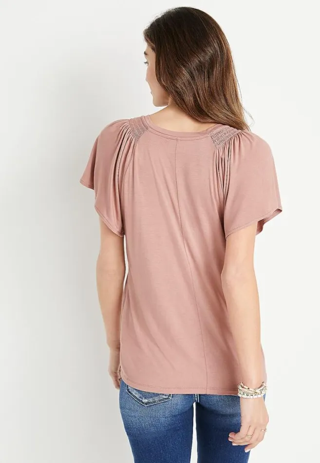 Women 247 Solid Smocked Flutter Sleeve Top Maurices Tops