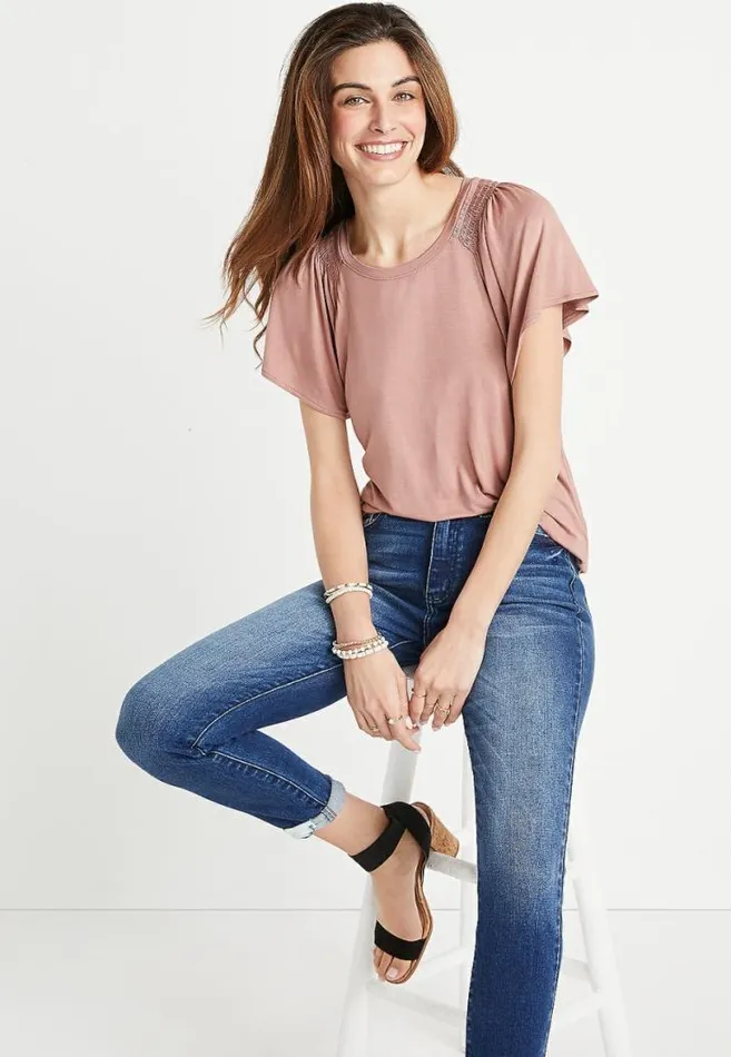 Women 247 Solid Smocked Flutter Sleeve Top Maurices Tops