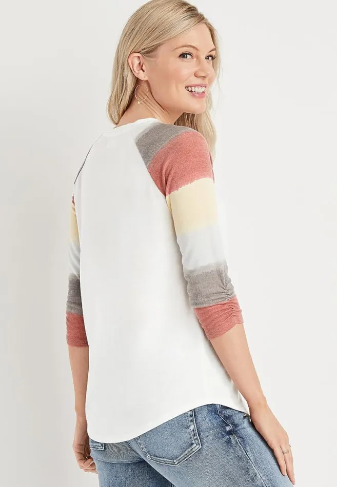 Women 247 White Colorblock Ruched Sleeve Baseball Tee Maurices Tops