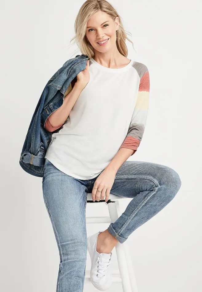 Women 247 White Colorblock Ruched Sleeve Baseball Tee Maurices Tops