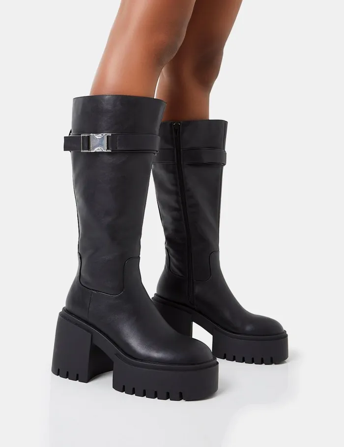 Women Alaska Black Pu Calf Strap Buckle Detailed Knee High Chunky Sole Block Heel Boots Black Public Desire Knee High Boots Women Alaska Black Pu Calf Strap Buckle Detailed Knee High Chunky Sole Block Heel Boots Black Public Desire Knee High Boots