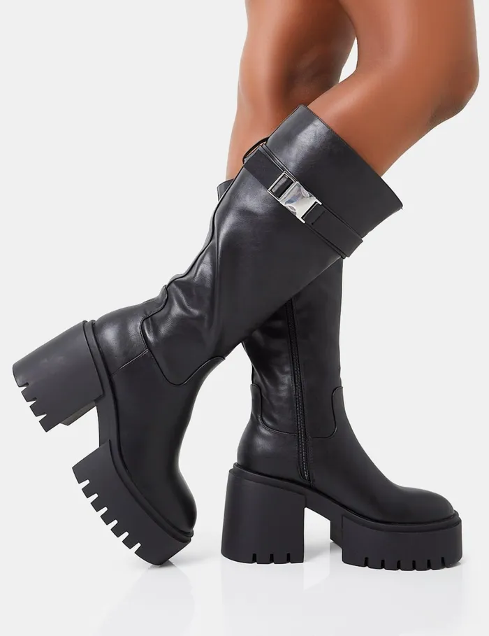 Women Alaska Black Pu Calf Strap Buckle Detailed Knee High Chunky Sole Block Heel Boots Black Public Desire Knee High Boots