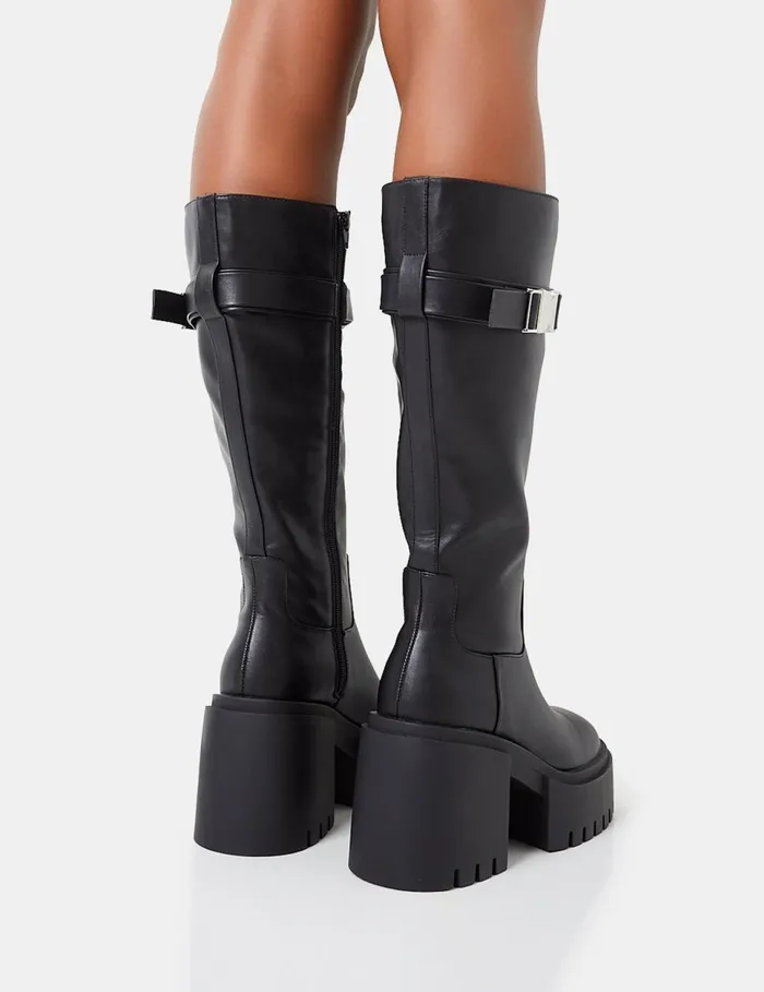 Women Alaska Black Pu Calf Strap Buckle Detailed Knee High Chunky Sole Block Heel Boots Black Public Desire Knee High Boots
