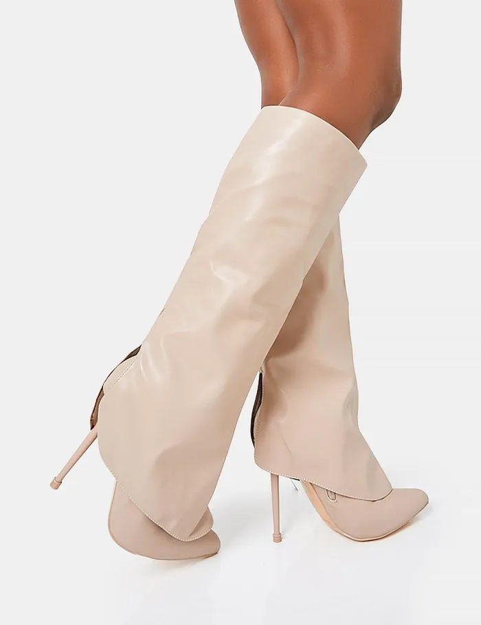Women All Yours Nude Pu Fold Over Pointed Toe Stiletto Knee High Boots White Public Desire Party