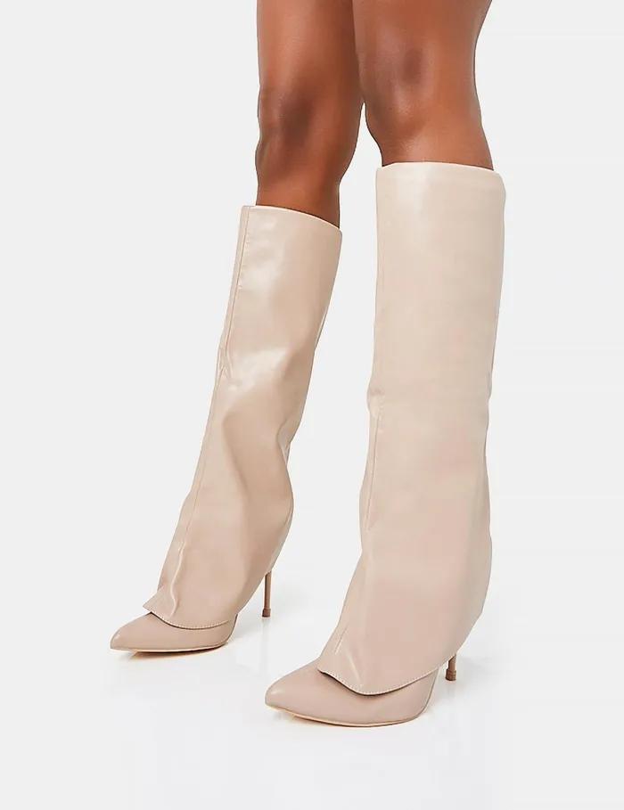 Women All Yours Nude Pu Fold Over Pointed Toe Stiletto Knee High Boots White Public Desire Party
