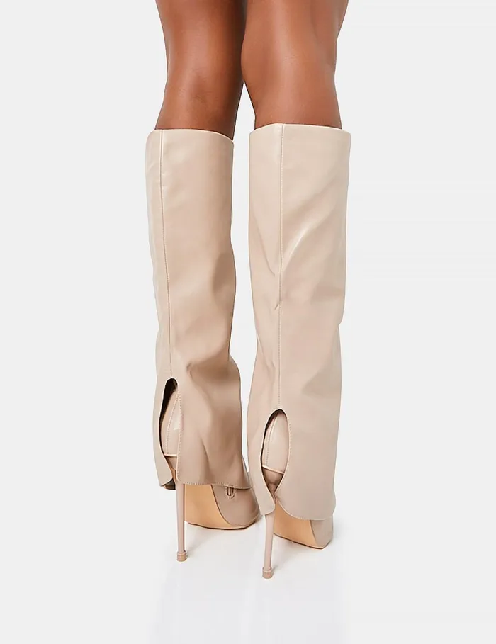 Women All Yours Nude Pu Fold Over Pointed Toe Stiletto Knee High Boots White Public Desire Party