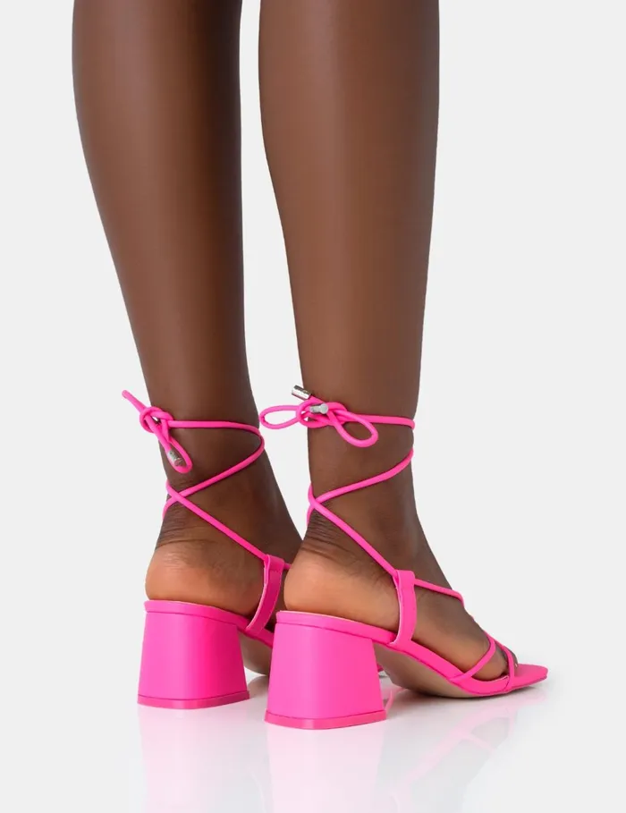 Women Aloha Neon Pink PU Lace Up Block Mid Heeled Sandals Pink Public Desire Holiday