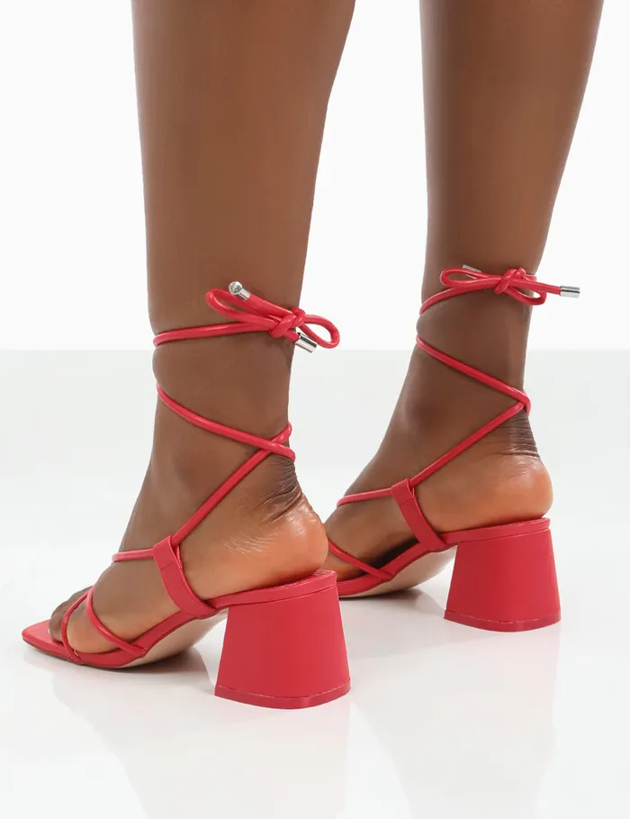 Women Aloha Wide Fit Red Lace Up Block Mid Heeled Sandals Red Public Desire Holiday