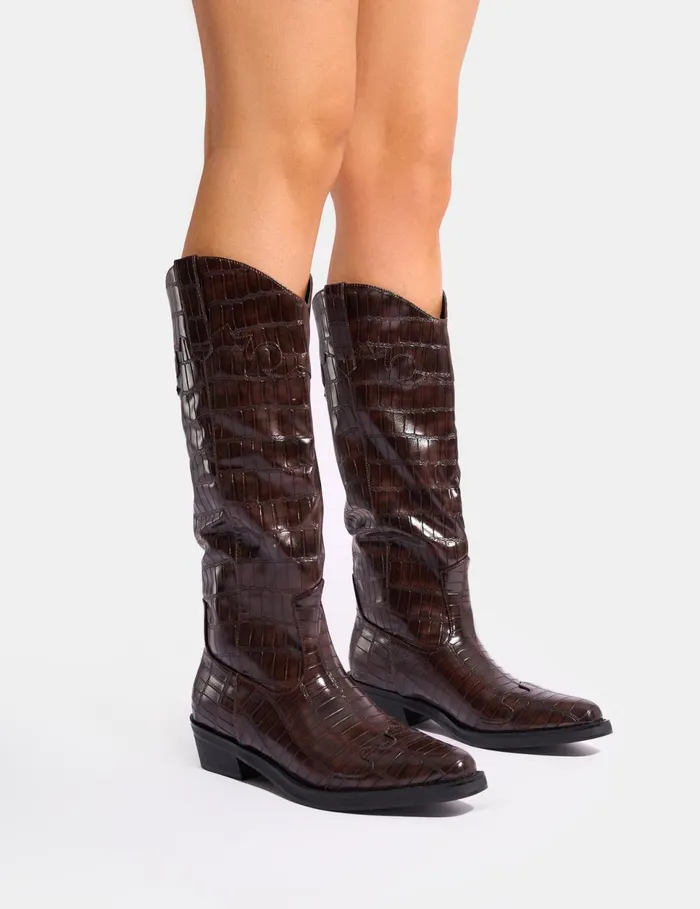 Women Apollo Brown Croc Wide Fit Flat Western Knee High Boots Brown Public Desire Knee High Boots