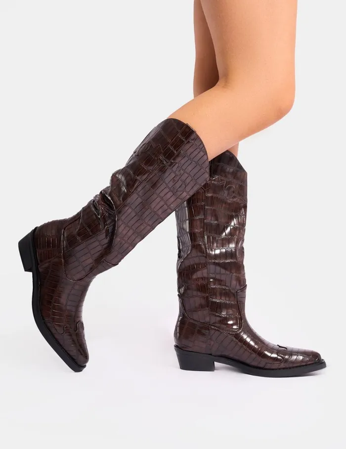 Women Apollo Brown Croc Wide Fit Flat Western Knee High Boots Brown Public Desire Knee High Boots