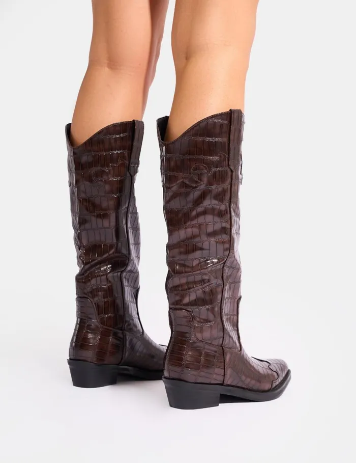 Women Apollo Brown Croc Wide Fit Flat Western Knee High Boots Brown Public Desire Knee High Boots