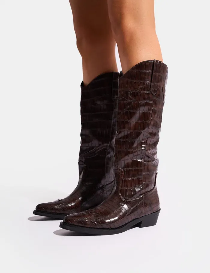 Women Apollo Brown Croc Wide Fit Flat Western Knee High Boots Brown Public Desire Knee High Boots