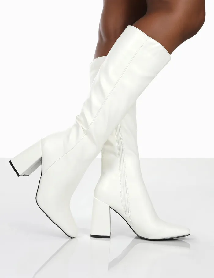 Women Apology White Pu Knee High Block Heel Boots White Public Desire Long Boots