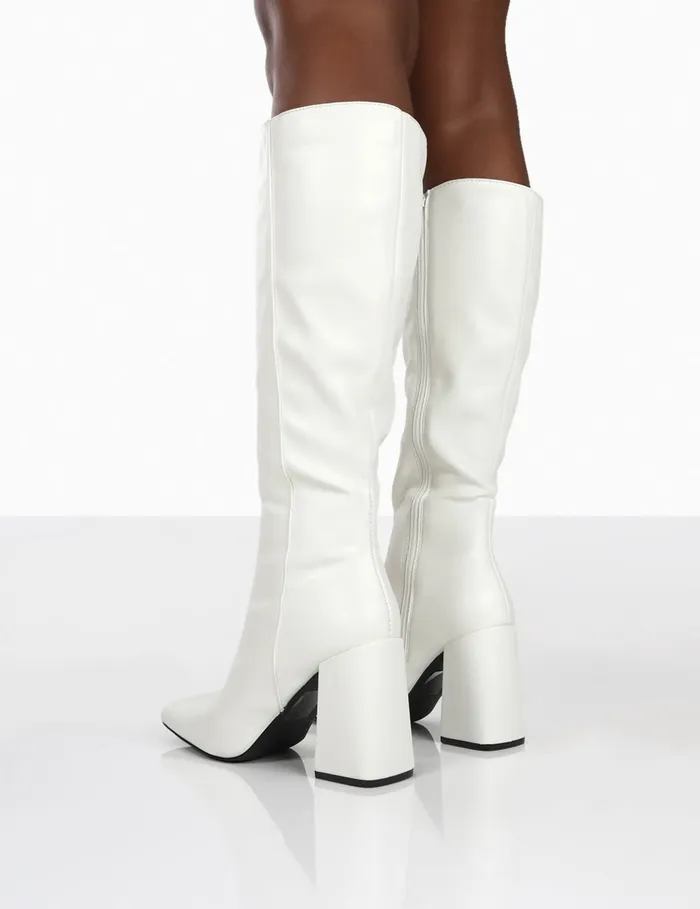 Women Apology White Pu Knee High Block Heel Boots White Public Desire Long Boots