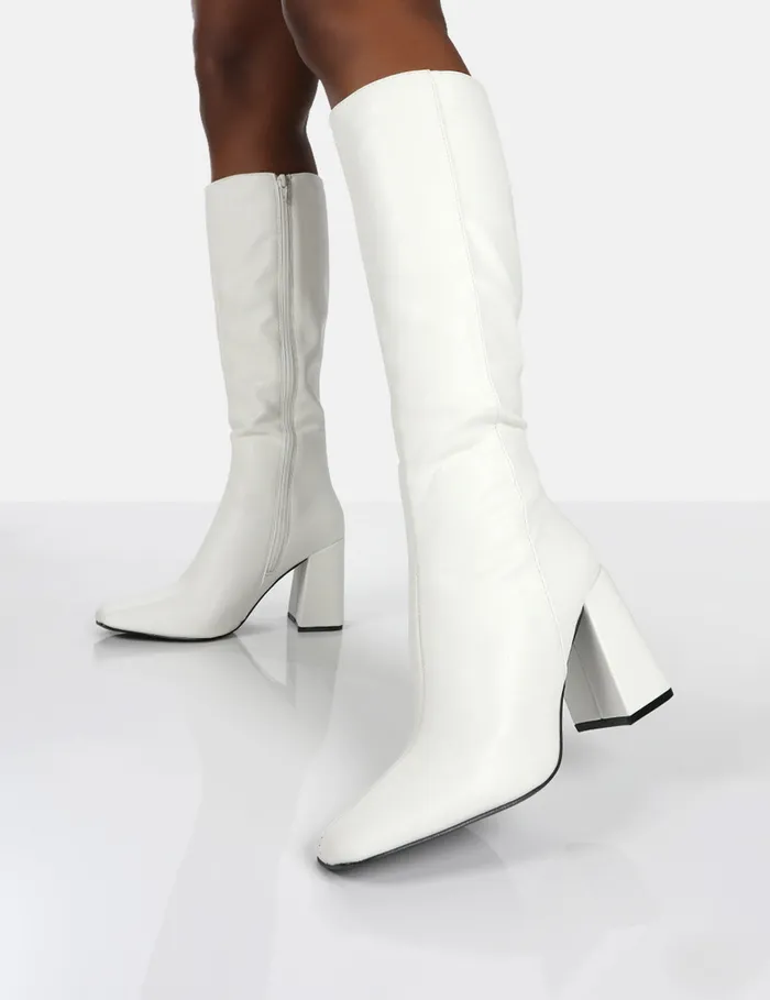 Women Apology White Pu Knee High Block Heel Boots White Public Desire Long Boots