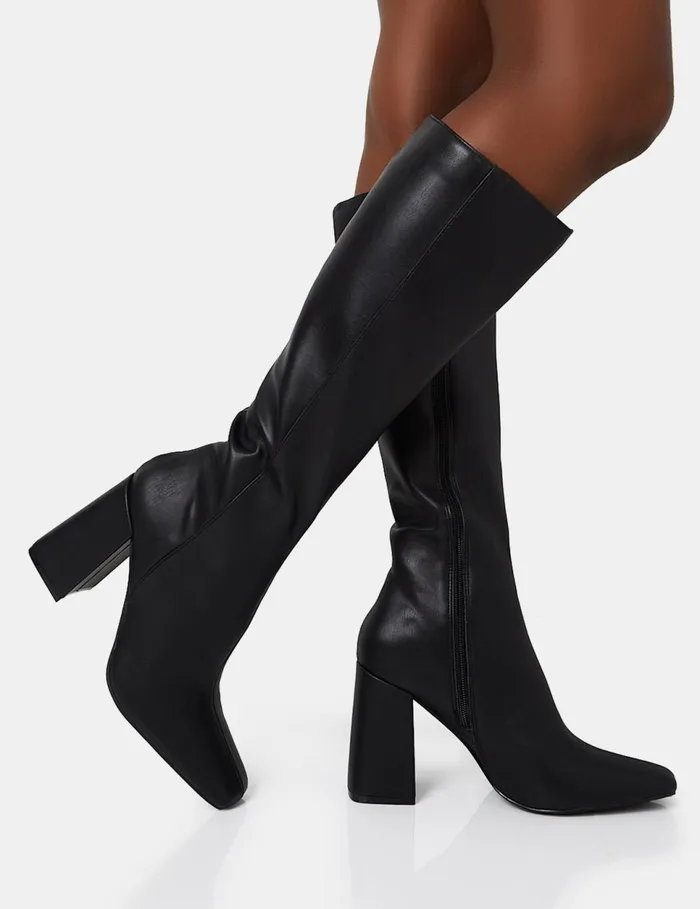 Women Apology Wide Fit Black Pu Knee High Block Heel Boots Black Public Desire Long Boots