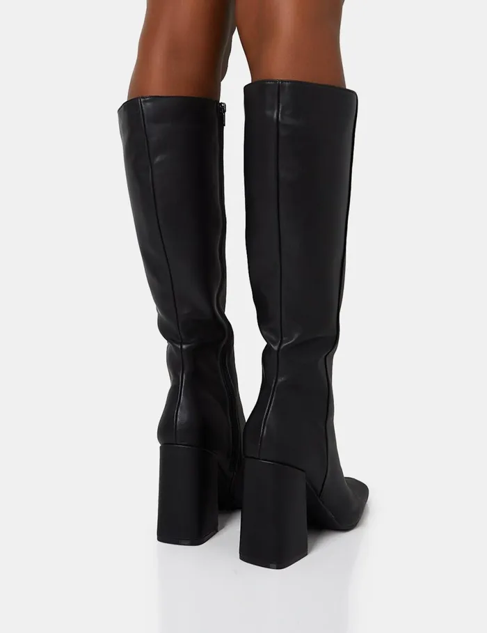 Women Apology Wide Fit Black Pu Knee High Block Heel Boots Black Public Desire Long Boots
