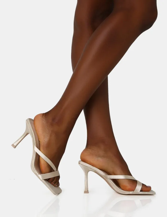 Women Arwen Off White Satin Toe Post Mule Mid Stiletto Heels White Public Desire Wedding