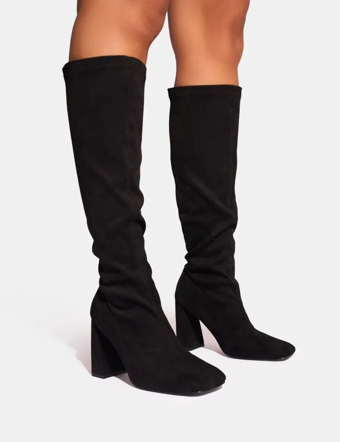 Women Audrina Black Suede Wide Fit Block Heel Knee High Sock Boots Black Public Desire Wide Fit Block Heels Women Audrina Black Suede Wide Fit Block Heel Knee High Sock Boots Black Public Desire Wide Fit Block Heels