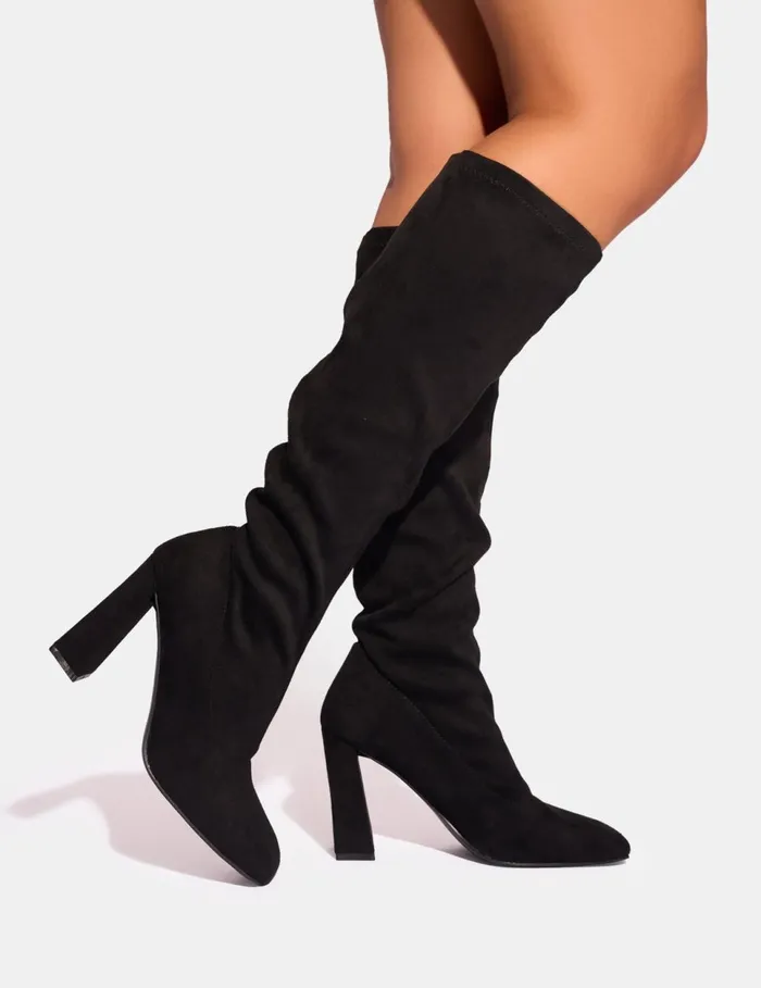 Women Audrina Black Suede Wide Fit Block Heel Knee High Sock Boots Black Public Desire Wide Fit Block Heels