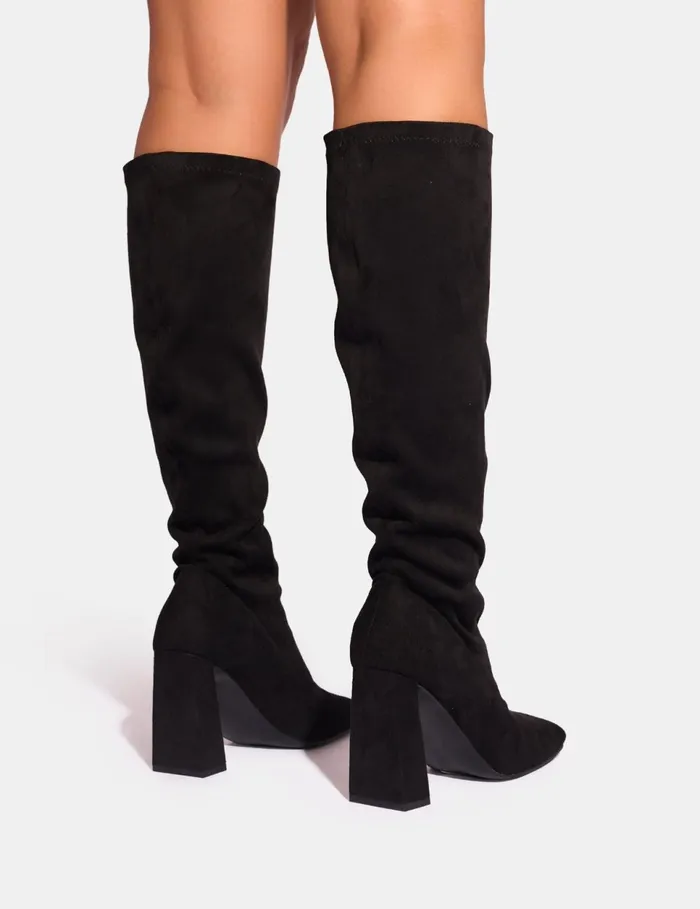 Women Audrina Black Suede Wide Fit Block Heel Knee High Sock Boots Black Public Desire Wide Fit Block Heels