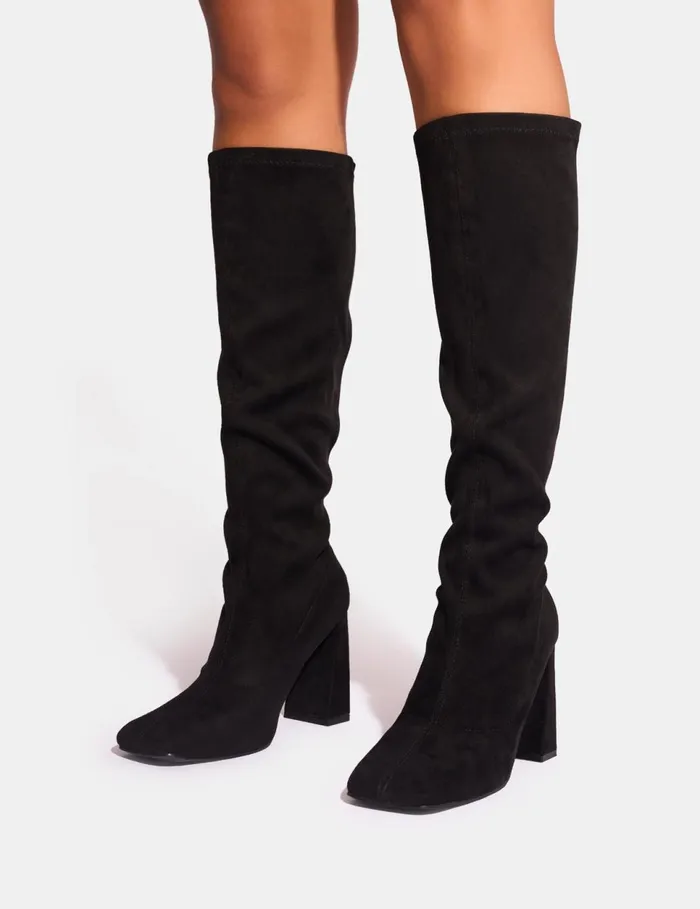 Women Audrina Black Suede Wide Fit Block Heel Knee High Sock Boots Black Public Desire Wide Fit Block Heels