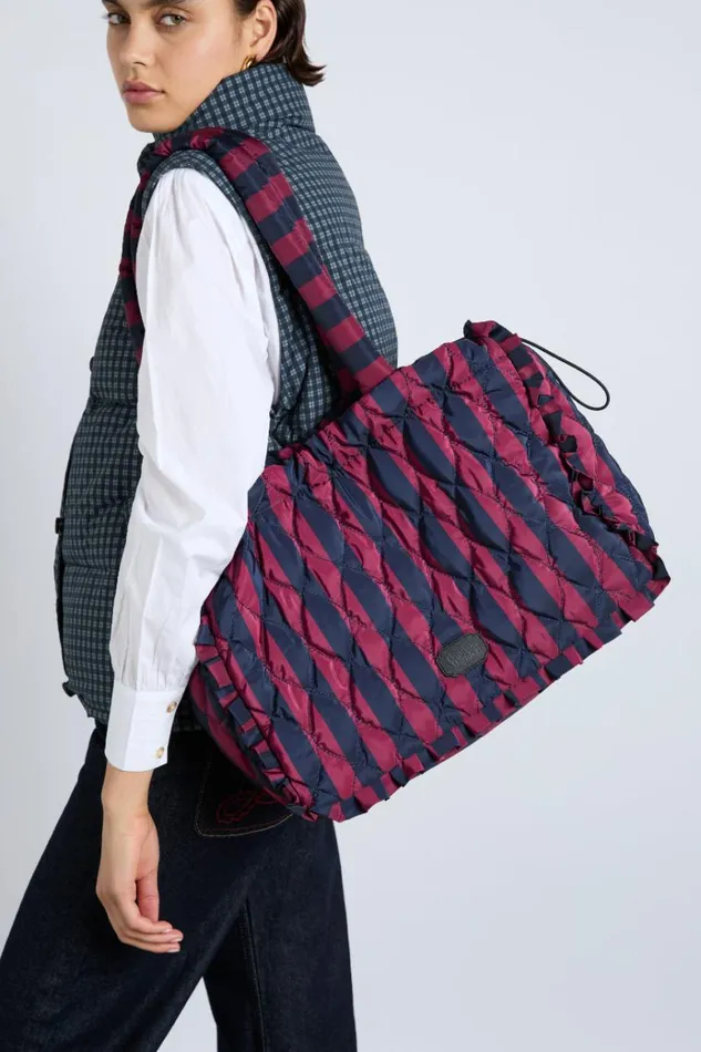 Women Bags Damson Madder Frill Edge Ruched Tote Bag 8211 Navy and Burgundy Stripe