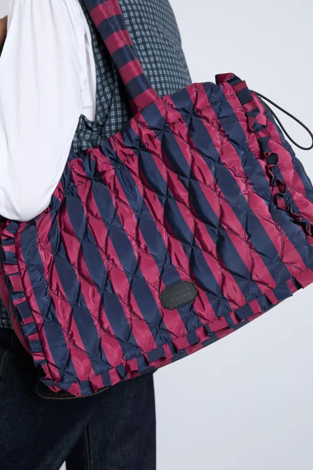 Women Bags Damson Madder Frill Edge Ruched Tote Bag 8211 Navy and Burgundy Stripe