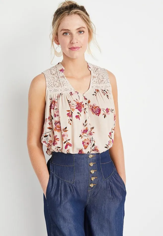 Women Beige Floral Button Front Lace Tank Top Maurices Tops