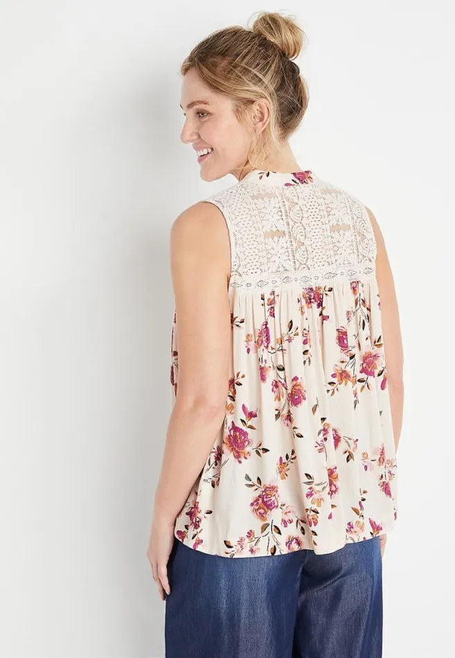 Women Beige Floral Button Front Lace Tank Top Maurices Tops