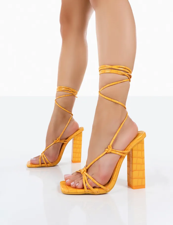 Women Berry Orange Croc Square Toe Strappy Lace Up Block Heels Orange Public Desire Holiday